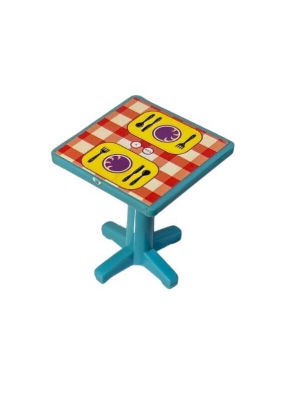 Miniature Dollhouse Dining Table Blue Base Checkered Top With Place Settings